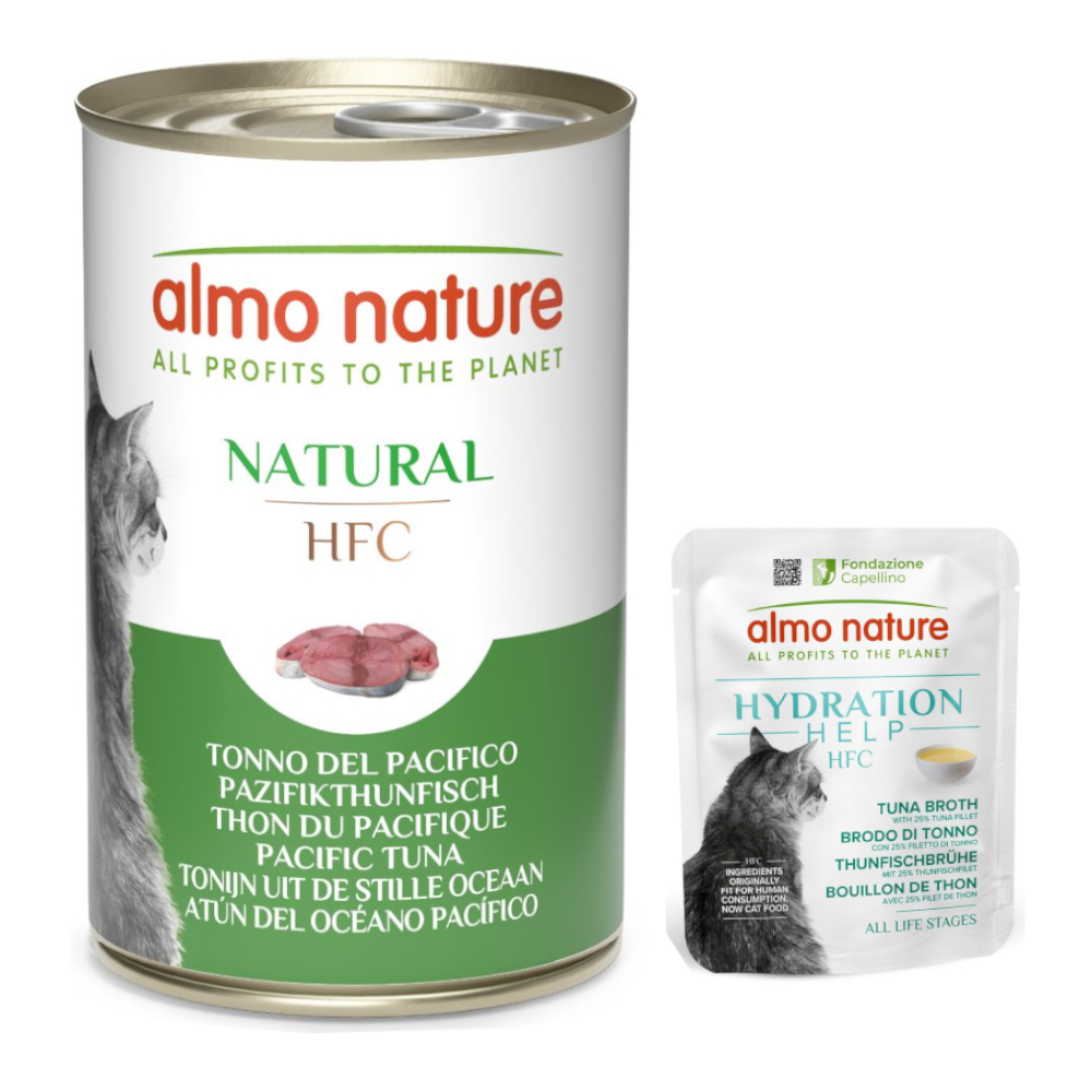 Almo Nature HFC, karma mokra dla kota: 12 x 140 g + Hydration Help, 6 x 50 g gratis! - Tuńczyk (Pacyfik), 12 x 140 g + Bulion z tuńczyka z filetem z tuńczyka, 6 x 50 g