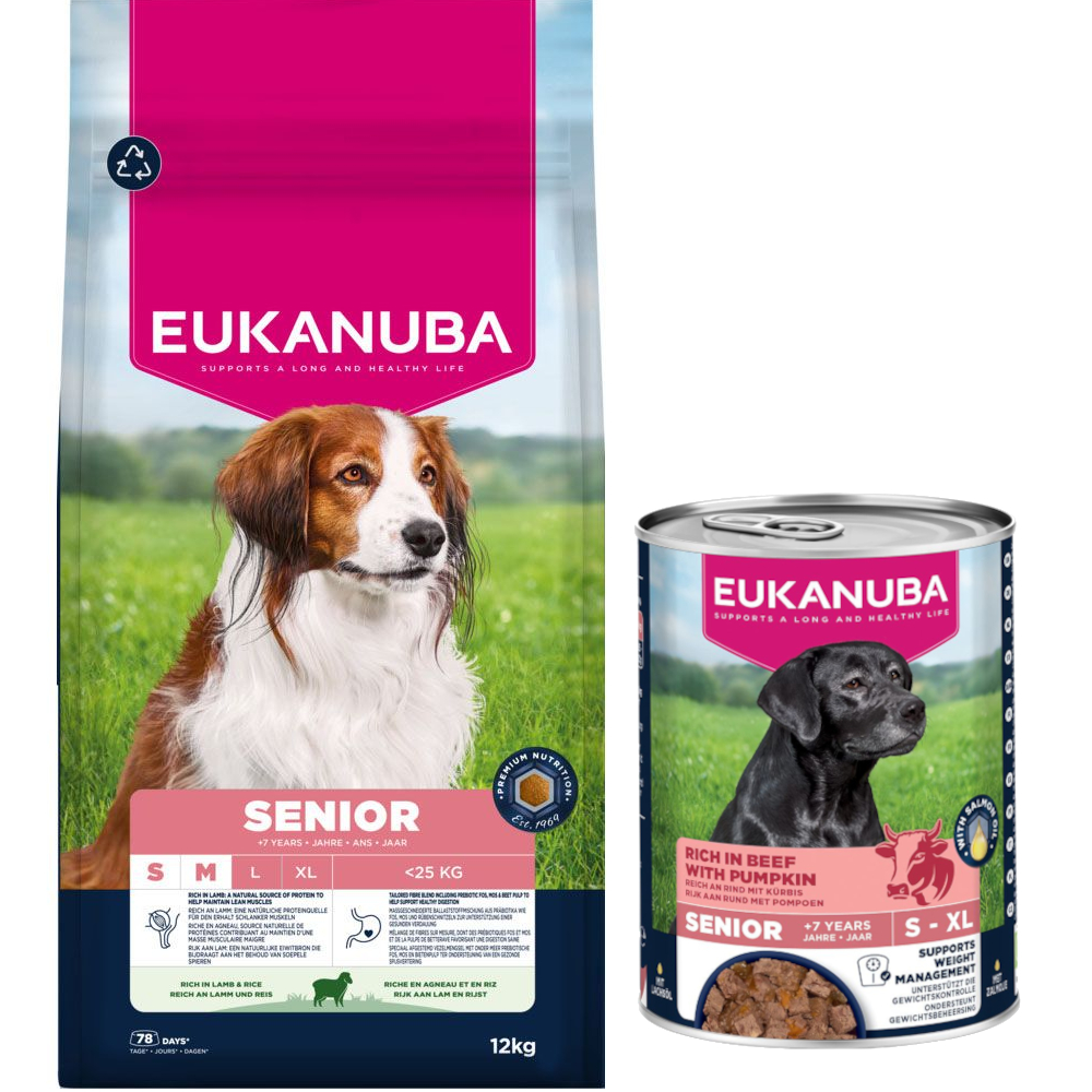 Eukanuba: Premium Nutrition, karma sucha, 12 kg/ 15 kg + wołowina z dynią, 3 x 400 g gratis! - Senior Small & Medium Breed, jagnięcina i ryż, 12 kg + Senior, wołowina z dynią, 3 x 400 g