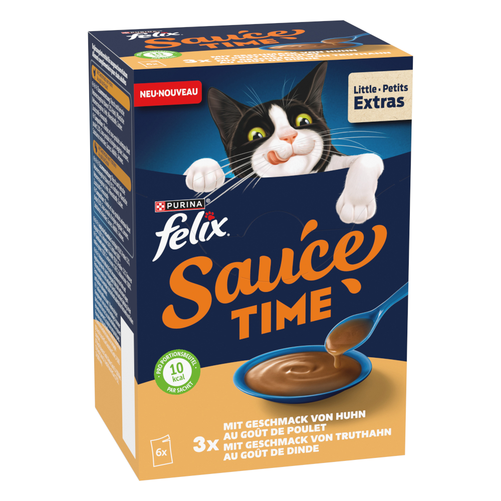 18 + 6 gratis! Felix, karma uzupełniająca, 24 x 40 g / 24 x 48 g  - Sauce Time, o smaku kurczaka i indyka, 24 x 40 g