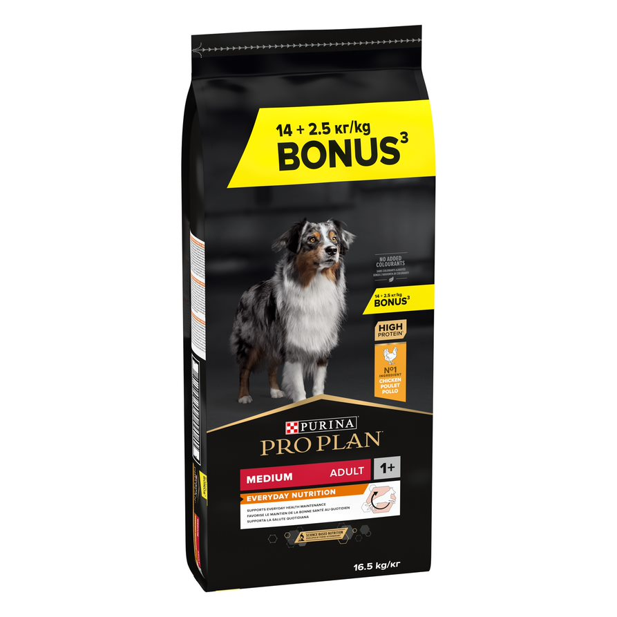 14 + 2,5 kg gratis! PURINA PRO PLAN, karma sucha, 16,5 kg - Medium Adult Everyday Nutrition, kurczak i ryż, 14 kg + 2,5 kg