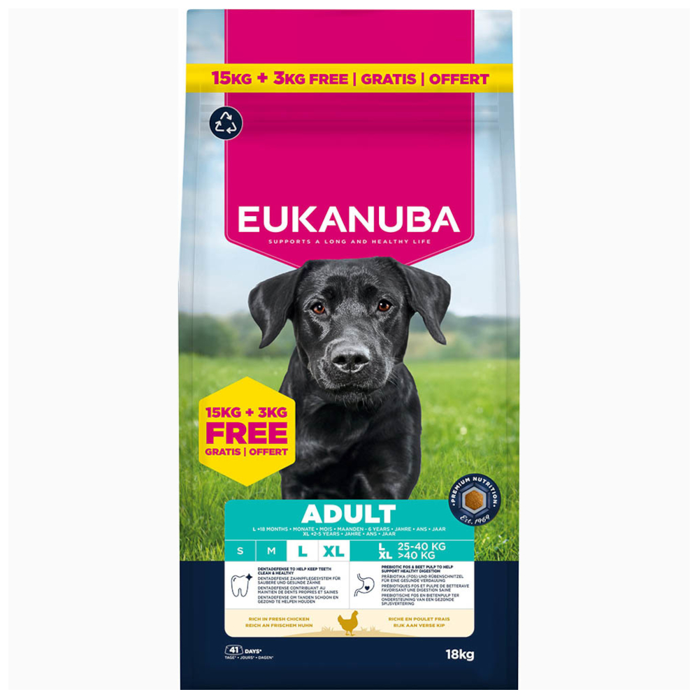15 + 3 kg gratis! Eukanuba Premium Nutrition, karma sucha dla psa, 18 kg - Adult Large & Giant Breed, kurczak