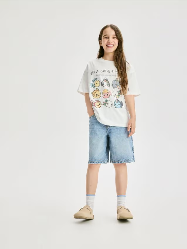 Reserved - Bawełniany t-shirt z nadrukiem - złamana biel