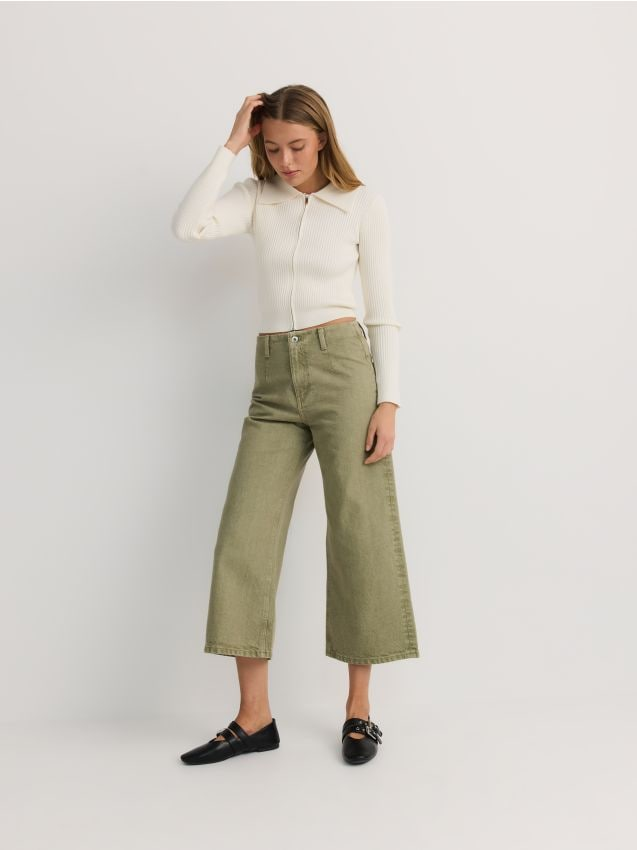 Reserved - Jeansy culotte z wysokim stanem - zielony