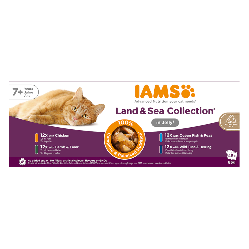 36 + 12 gratis! IAMS, karma mokra dla kota, 48 x 85 g - Advanced Nutrition Senior 7+ Land & Sea Collection w galarecie