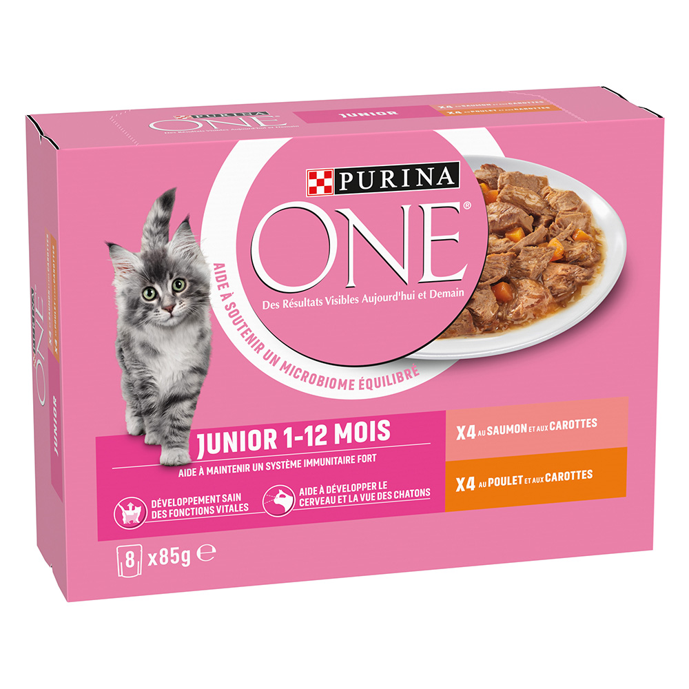 24 + 8 gratis! PURINA ONE, karma mokra, 32 x 85 g - Junior, kurczak i łosoś