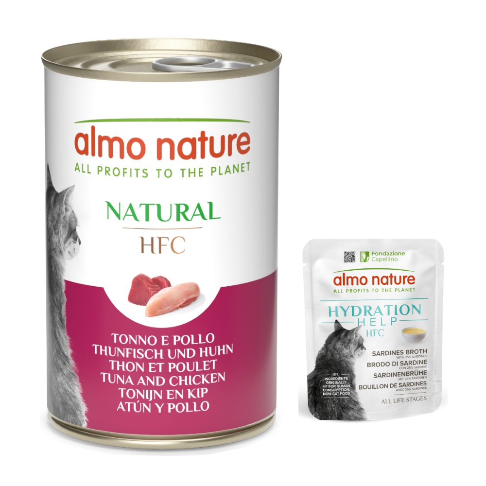Almo Nature HFC, karma mokra dla kota: 12 x 140 g + Hydration Help, 6 x 50 g gratis! - Tuńczyk i kurczak, 12 x 140 g + Bulion z sardynek z sardynkami, 6 x 50 g
