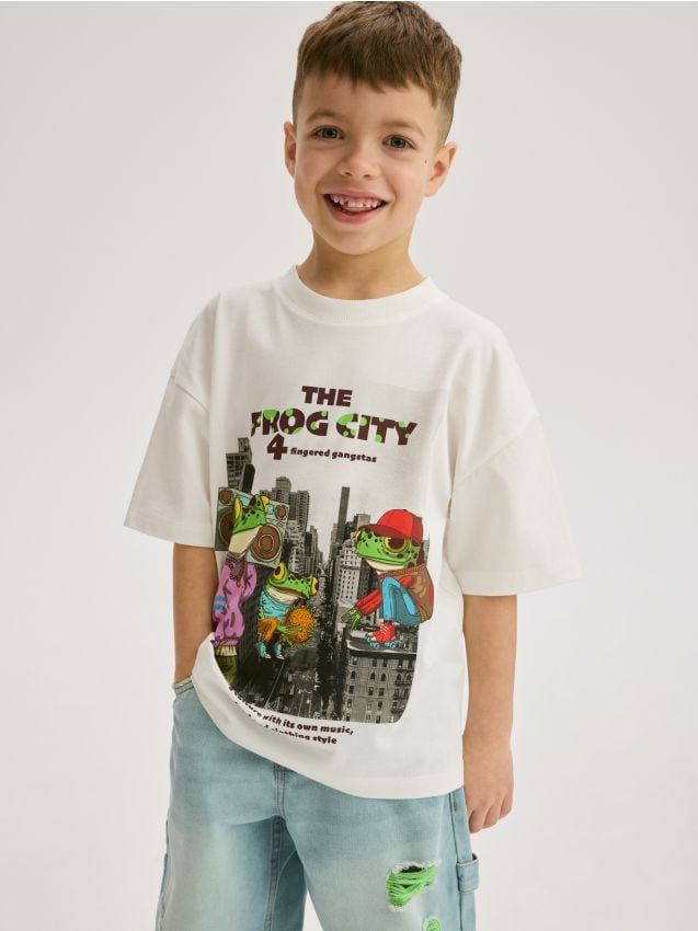 Reserved - Bawełniany t-shirt z nadrukiem - złamana biel