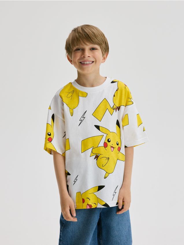 Reserved - Bawełniany t-shirt Pokemon - złamana biel