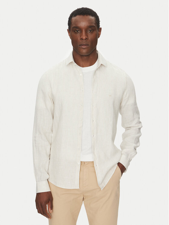 Calvin Klein Jeans Koszula Linen Stripe Slim Shirt K10K109332 Beżowy Regular Fit