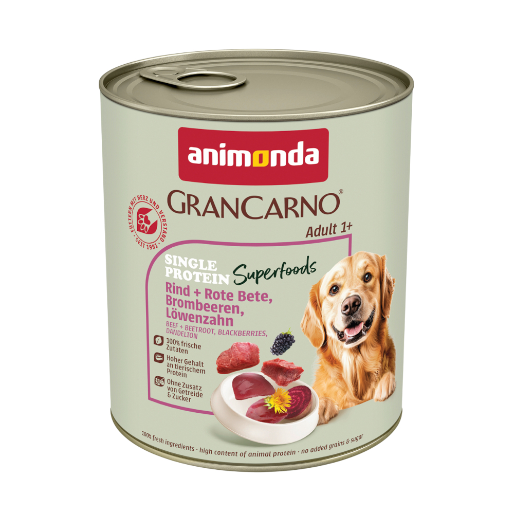animonda GranCarno Adult Single Protein Superfoods, 6 x 800 g - Wołowna, burak, jeżyna, mniszek lekarski