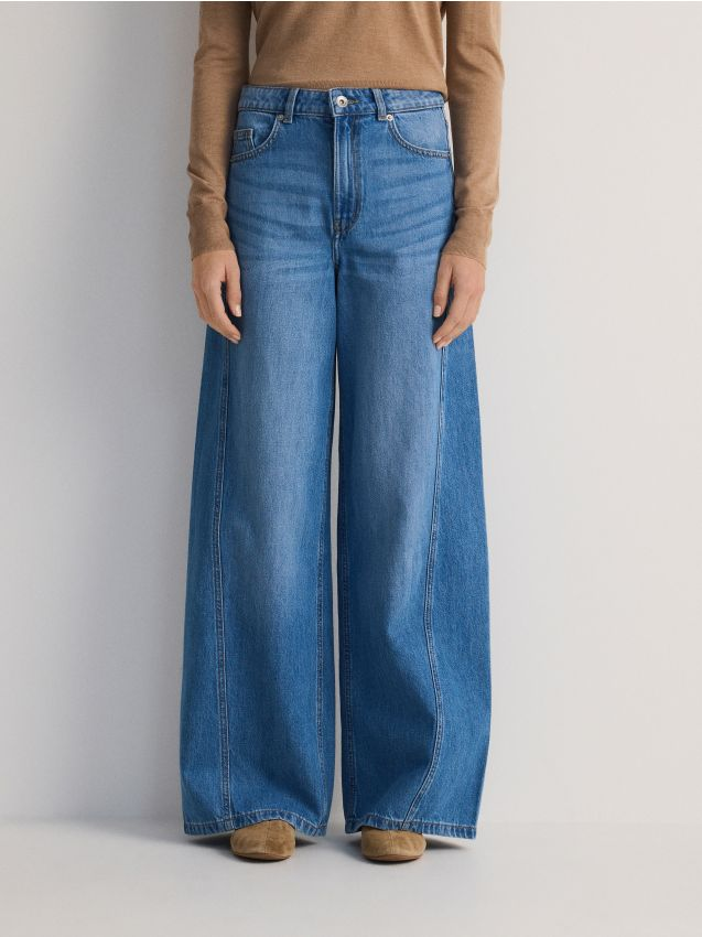 Reserved - Jeansy wide leg z przeszyciami - niebieski miniaturka