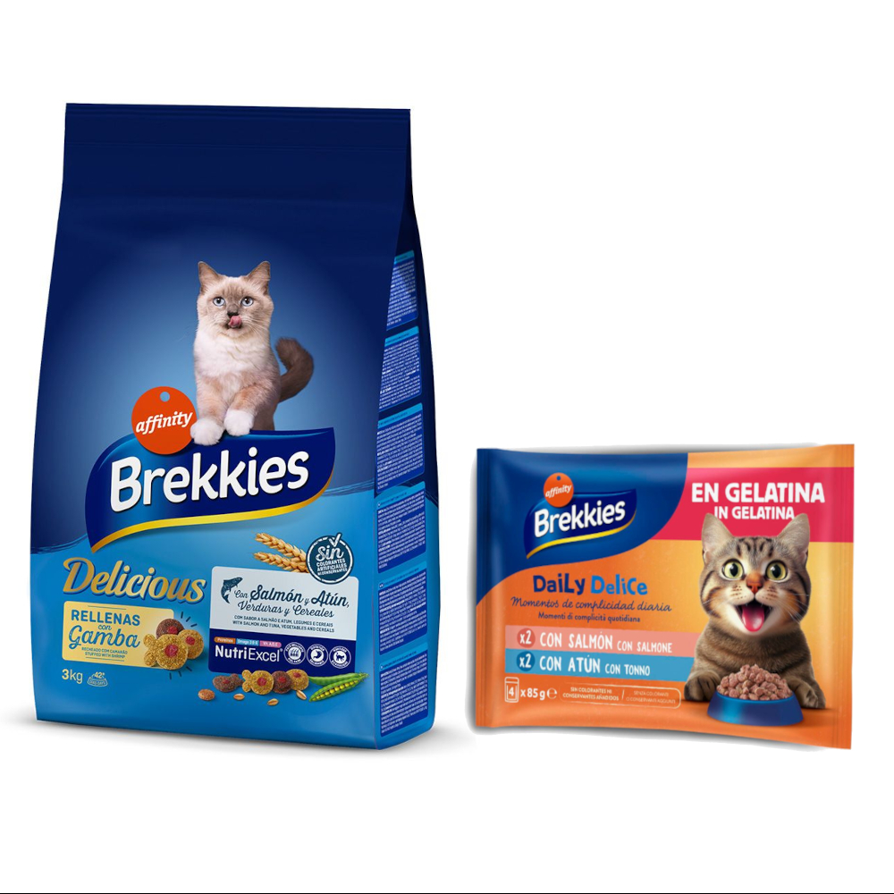Brekkies: karma sucha, 3 kg / 3,5 kg + Daily Delice, 4 x 85 g gratis! - Feline Delicious, ryba, 3 kg + Łosoś i tuńczyk