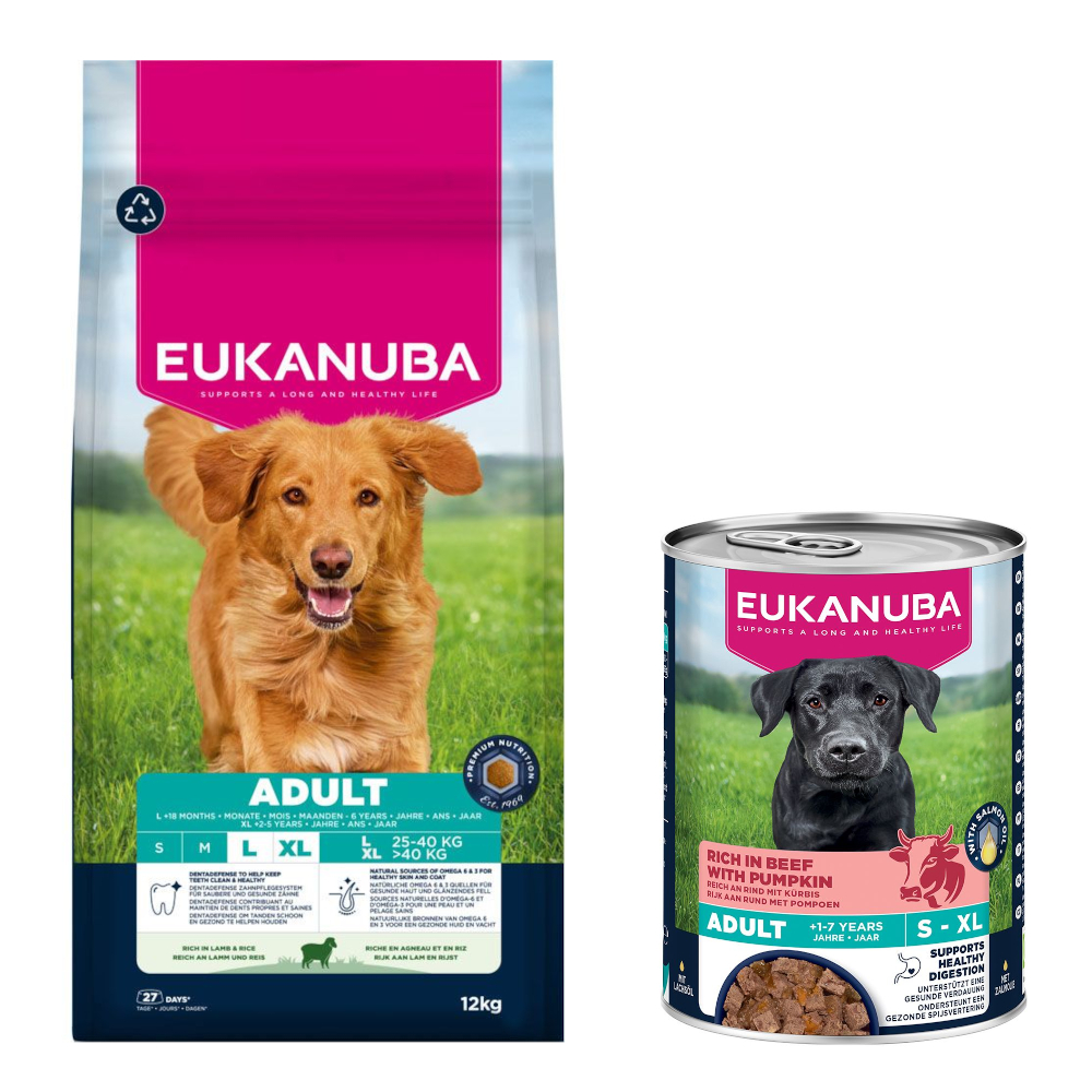 Eukanuba: Premium Nutrition, karma sucha, 12 kg/ 15 kg + wołowina z dynią, 3 x 400 g gratis! - Adult Large & Giant Breed, jagnięcina i ryż, 12 kg + Adult, wołowina z dynią, 3 x 400 g