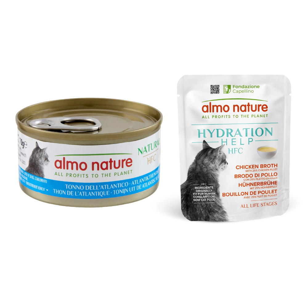 Almo Nature, karma mokra dla kota: 12 x 70 g +  HFC Hydration Help, 6 x 50 g gratis! - Tuńczyk atlantycki, 12 x 70 g + Bulion drobiowy z filetem z kurczaka, 6 x 50 g