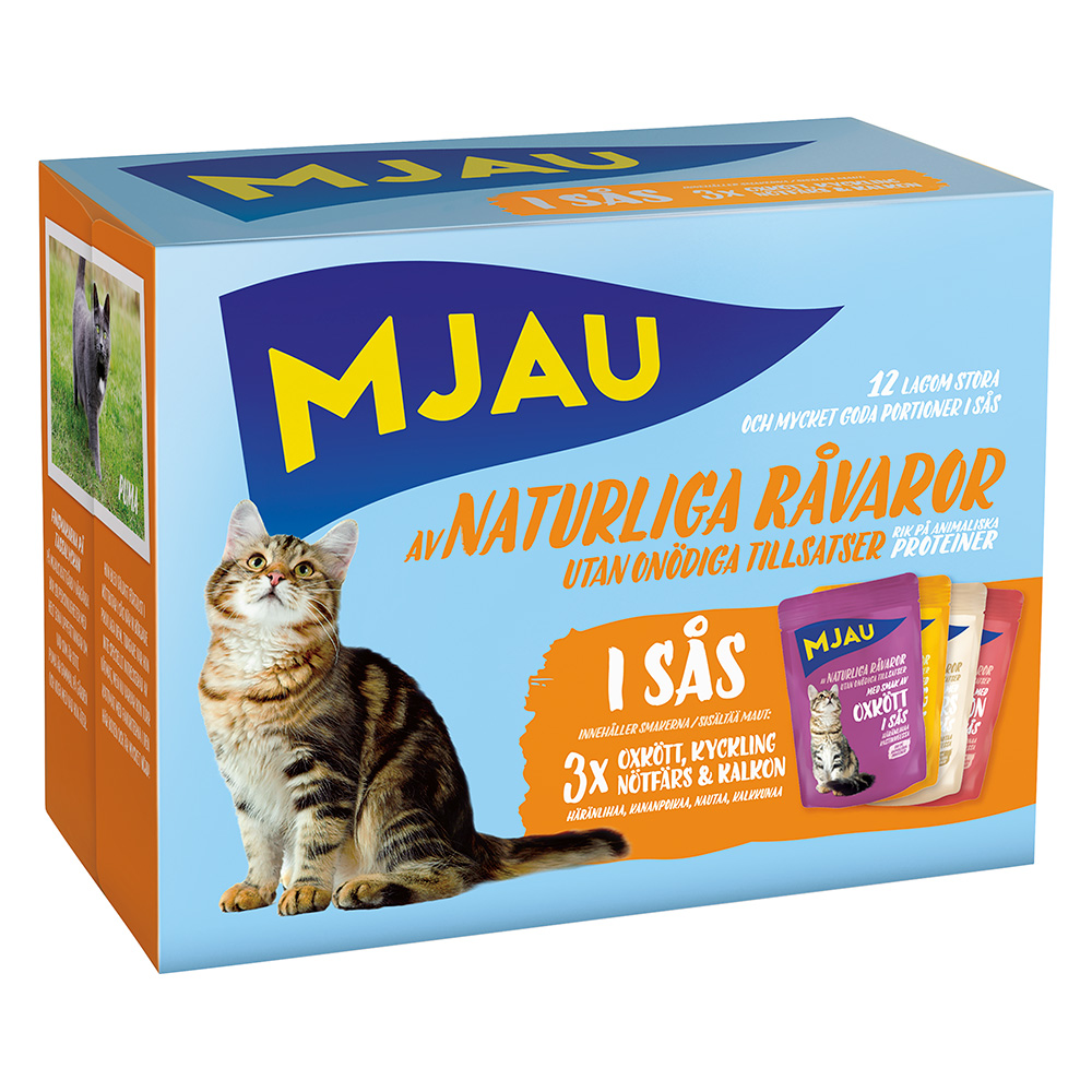 10% taniej! Mjau, karma mokra, 12 / 48 x 85 g - Cat w saszetkach, Pakiet mieszany mięsne menu w sosie (4 smaki), 12 x 85 g
