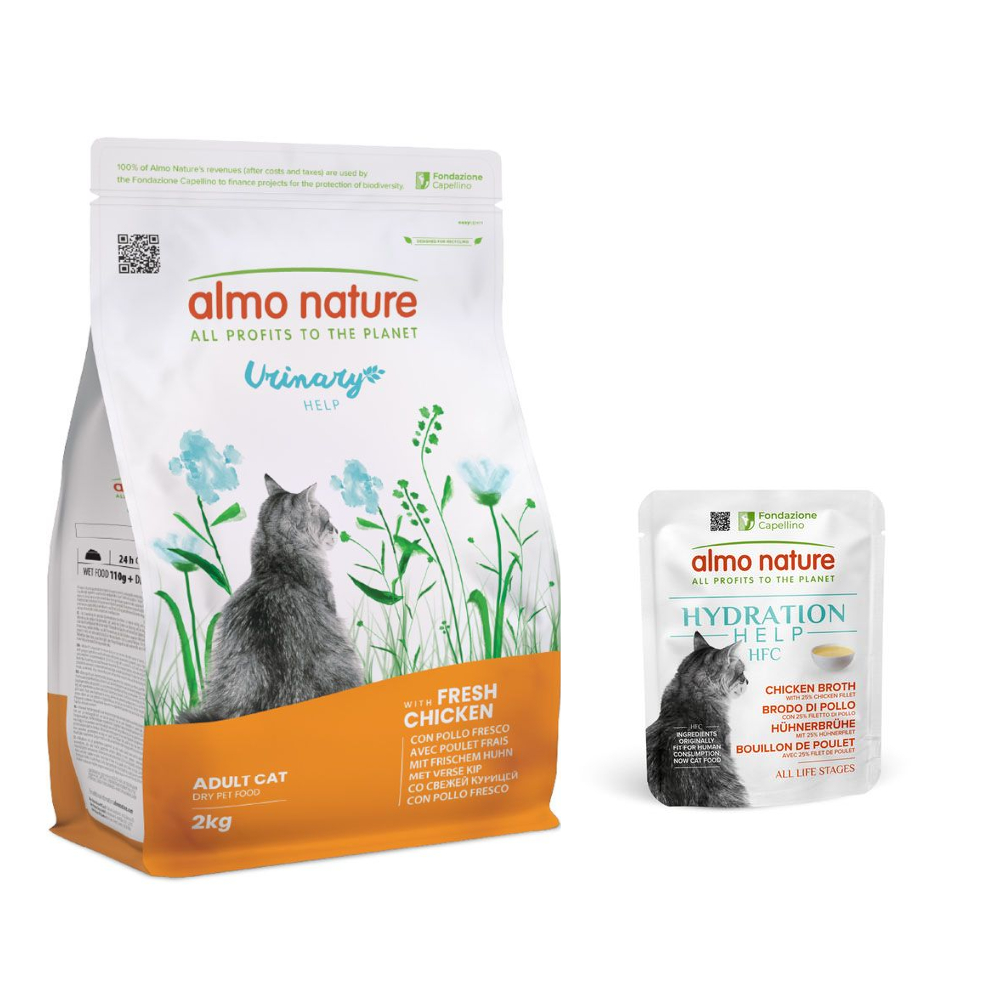 Almo Nature: Functional, karma sucha dla kota, 2 kg + HFC Hydration Help, 6 x 50 g gratis! - Urinary Help kurczak, 2 kg + Bulion drobiowy z filetem z kurczaka, 6 x 50 g