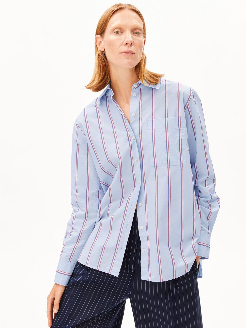 ARMEDANGELS Damska bluzka koszulowa - Stripe Loose Kobiety Bawełna niebieski, XL