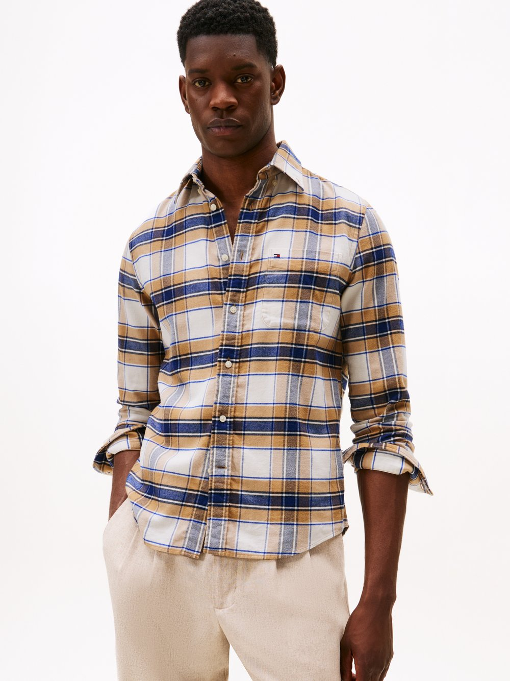 Tommy Hilfiger Męska koszula flanelowa Mężczyźni Regular Fit Bawełna beżowy|niebieski|biały, L