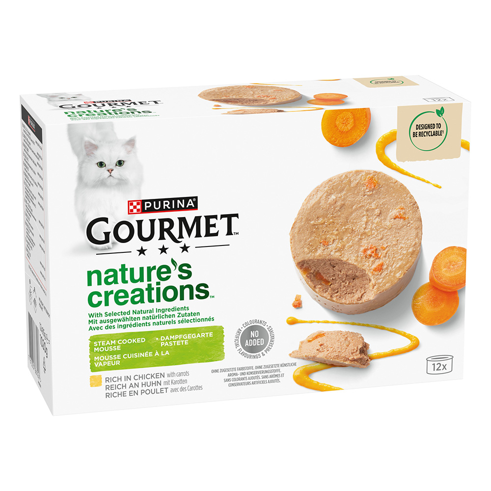 18 + 6 / 24 + 8 / 36 + 12 gratis! Gourmet, karma mokra dla kota, 24 x 50 g / 32 x 85 g / 48 x 85 g - 48 x 85 g Nature's Creations mus w puszkach: kurczak z marchwią (36 + 12 gratis!)