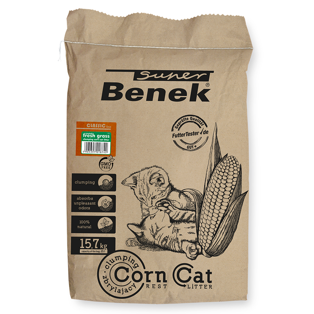Super Benek Corn Cat, zapach świeżej trawy, żwirek dla kota - 25 l (ok. 15,7 kg)