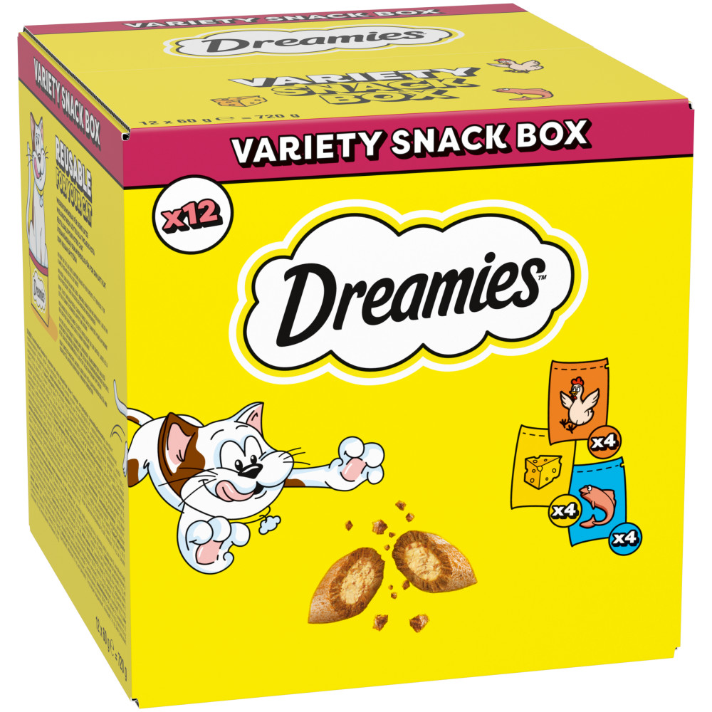 Dreamies Mixbox, przysmak dla kota (kurczak, ser, łosoś) - 12 x 60 g
