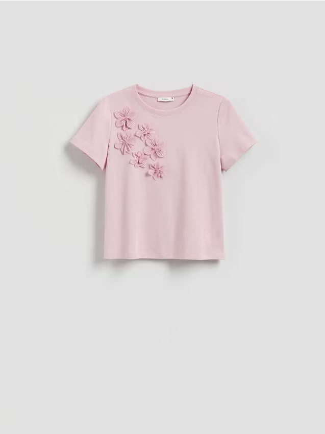 Reserved - T-shirt z kwiatową aplikacją - pastelowy róż