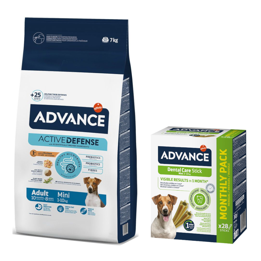 Advance: karma sucha, różne rodzaje + przysmak, 150 / 360 / 720 g gratis! - Mini Adult, 7 kg + Mini Sticks, 360 g