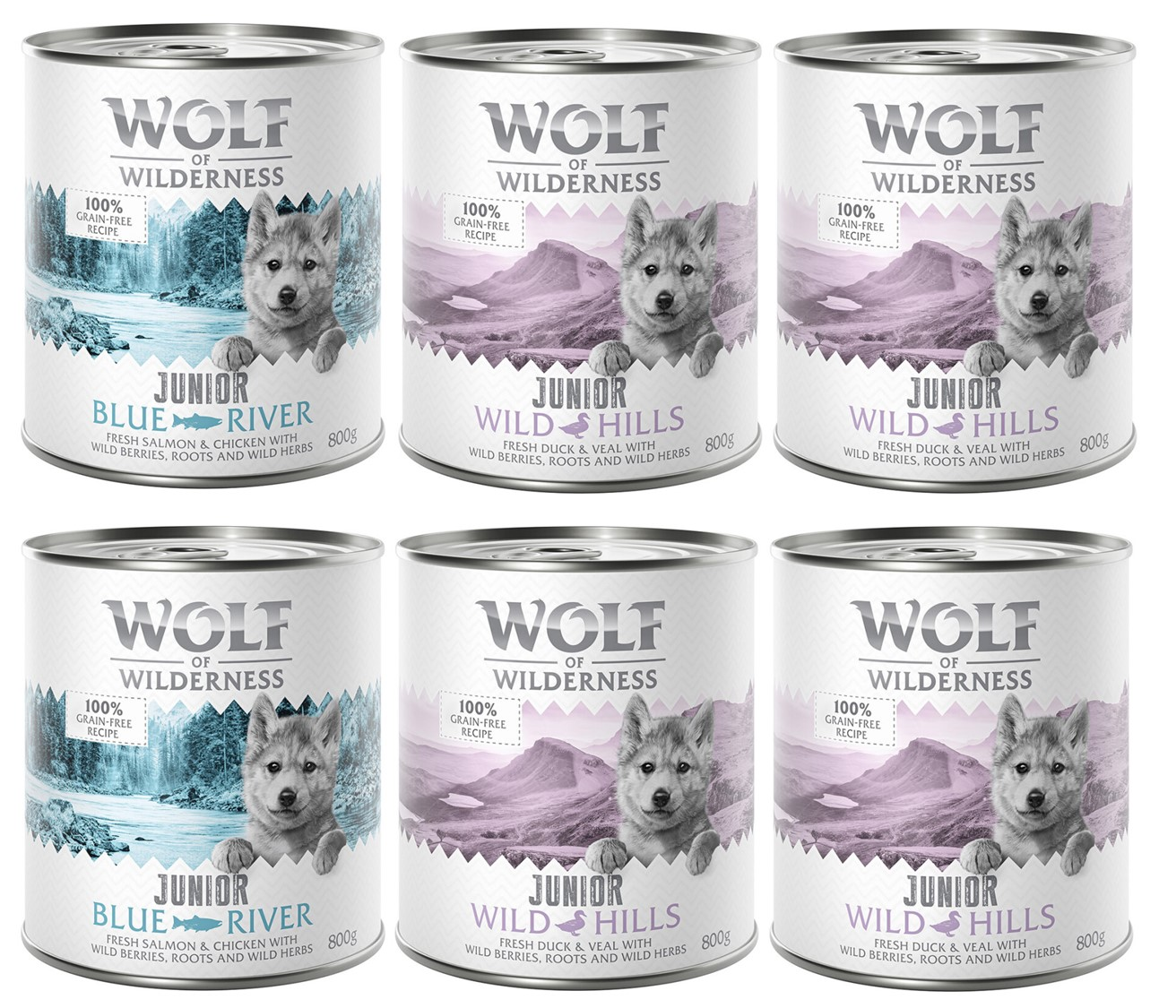 Pakiet mieszany Wolf of Wilderness JUNIOR  - 6 x 800 g: 4x kaczka i cielęcina, 2x kurczak i łosoś