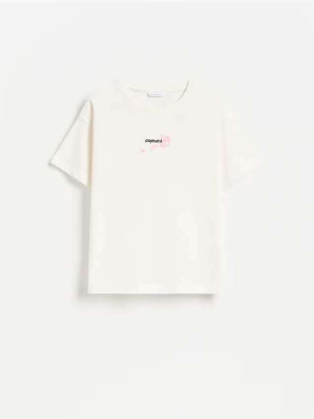 Reserved - T-shirt z nadrukiem na plecach - złamana biel