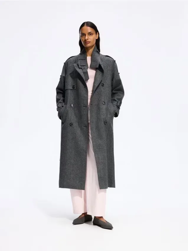 Reserved - Długi płaszcz z wełną - ciemnoszary