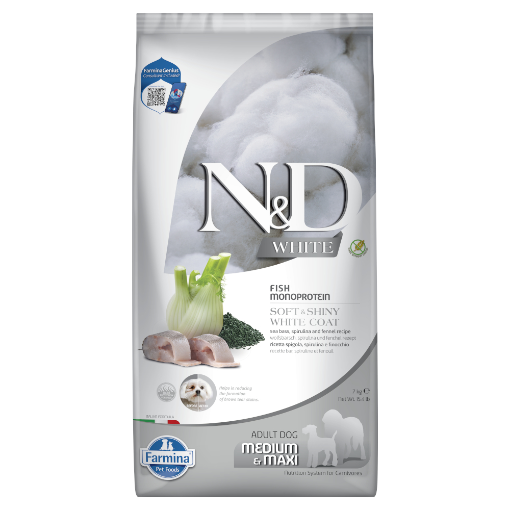 Farmina N&D Dog Adult Medium/Maxi White labraks, koper włoski i spirulina - 2 x 7 kg