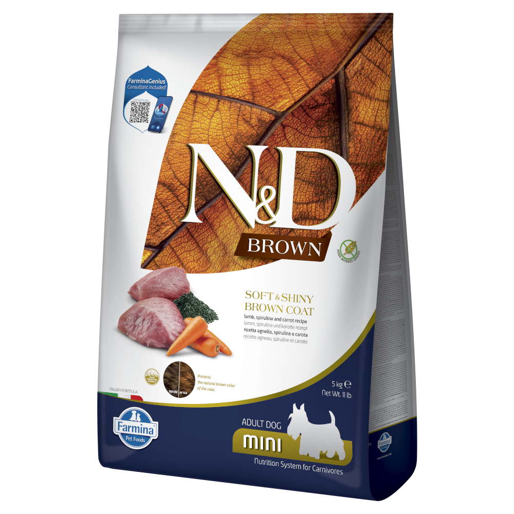 N&D Dog Brown Adult Mini, jagnięcina, marchew i spirulina - 2 x 5 kg