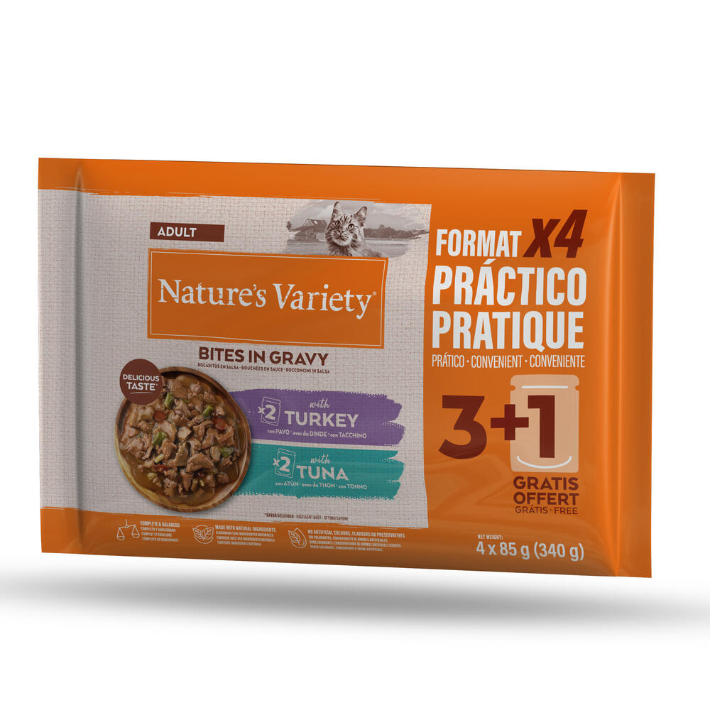 Nature's Variety Bites w sosie Adult, 44 x 85 g - Z indykiem i tuńczykiem