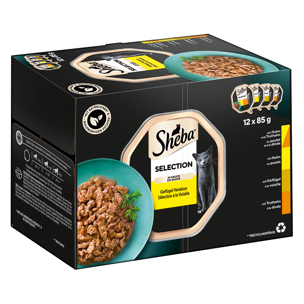 Megapakiet Sheba tacki, 144 x 85 g - Selection in Sauce (kurczak z indykiem; kurczak; drób; indyk)