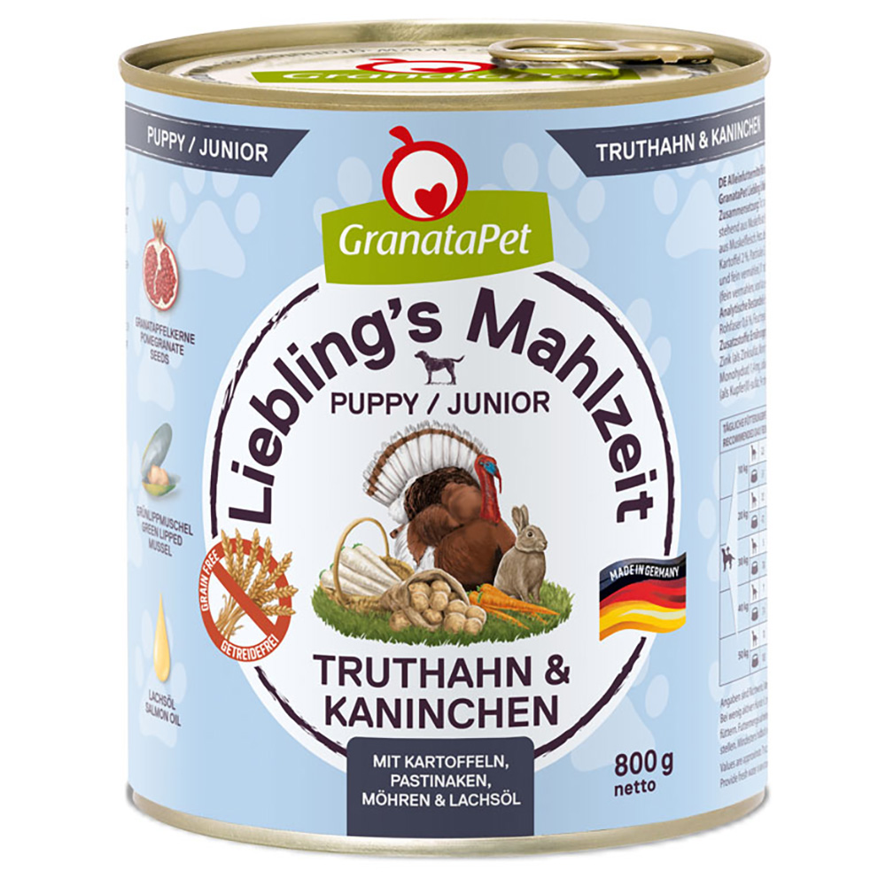 Pakiet GranataPet Liebling's Mahlzeit, 12 x 800 g - Junior, indyk i królik z ziemniakami, pasternakiem, marchwią i olejem z łososia