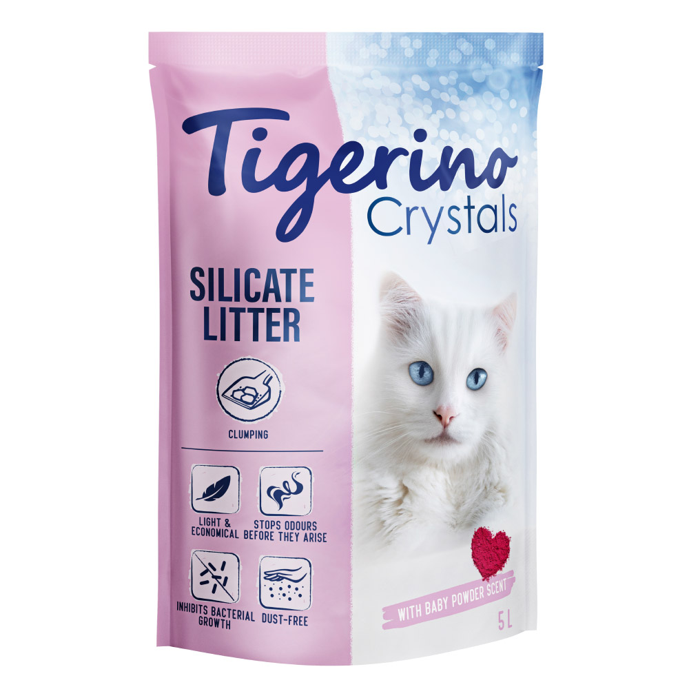 Tigerino Crystals, żwirek dla kota, zbrylający się - zapach pudru dla dzieci - 3 x 5 l (ok. 6,3 kg)