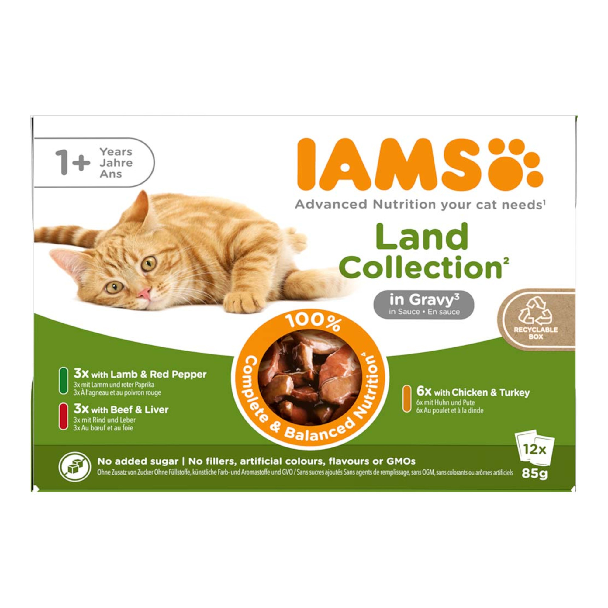 36 + 12 gratis! IAMS Advanced Nutrition, karma mokra dla kota, 48 x 85 g - Adult, mięsne smaki w sosie