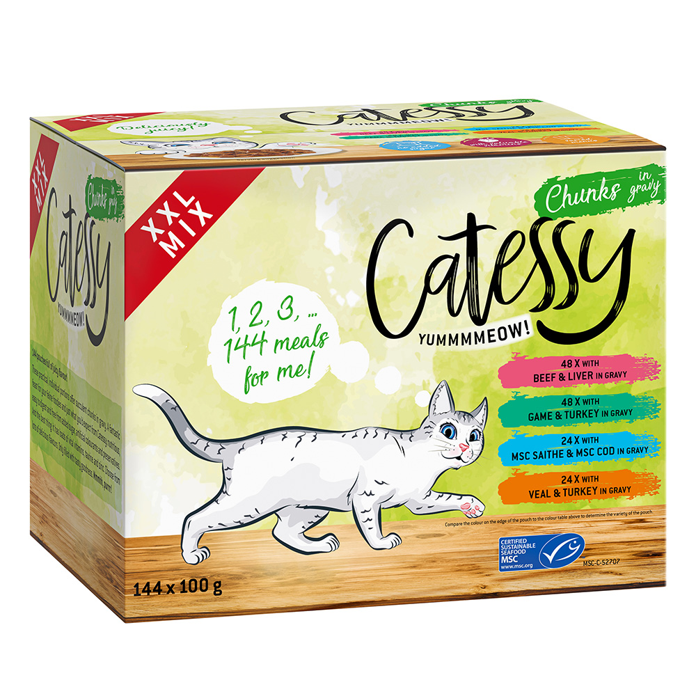 Pakiet mieszany XXL: Catessy Kawałeczki w sosie lub galarecie, 144 x 100 g  - XXL pakiet mieszany (4 smaki) w sosie