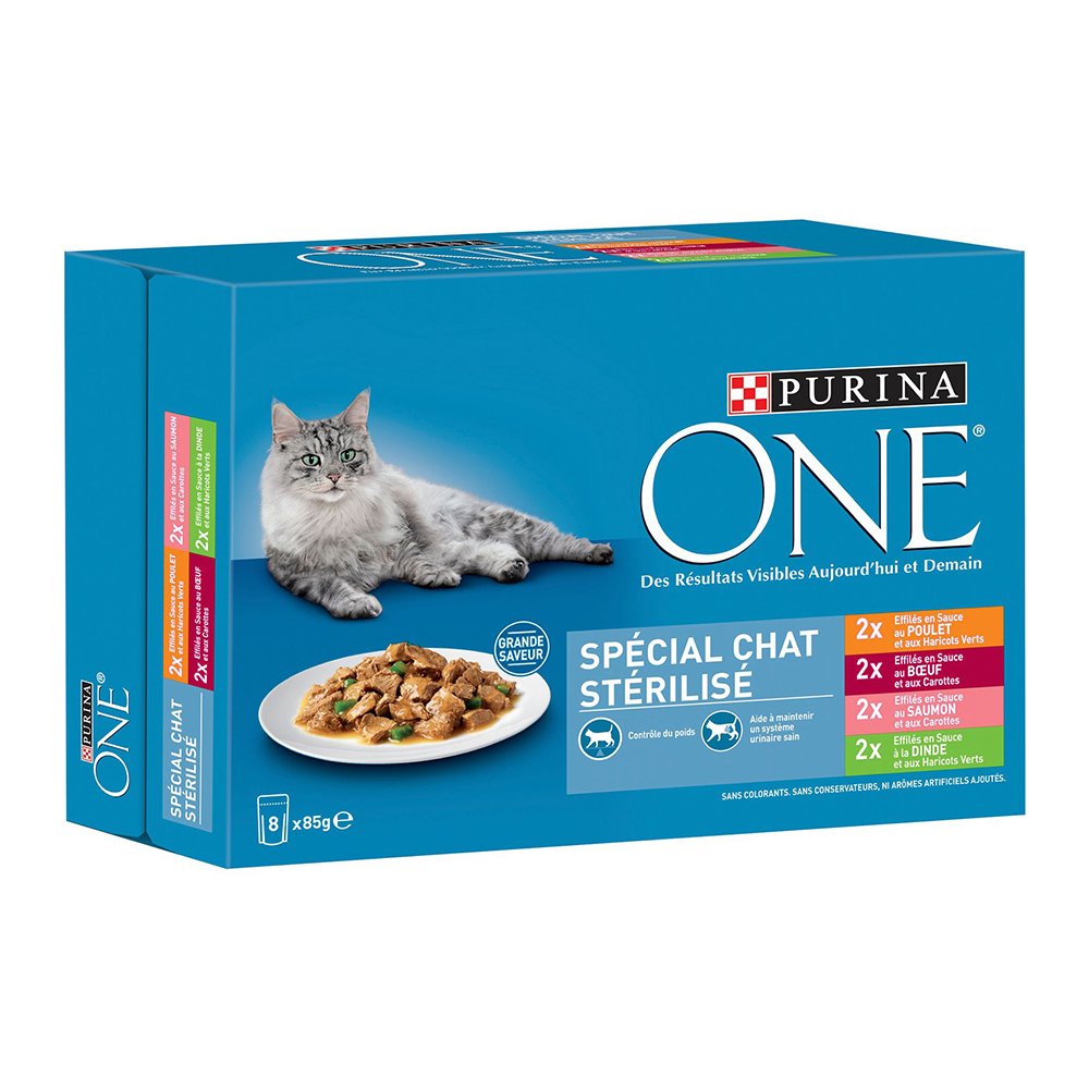 24 + 8 gratis! PURINA ONE, karma mokra, 32 x 85 g - Batch, sterylizowany kot - kurczak, wołowina, łosoś, indyk