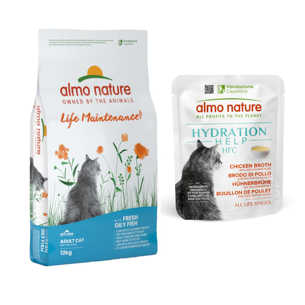 Almo Nature: 12 kg Functional + HFC Hydration Help, 12 x 50 g gratis! - Life Maintenance tłusta ryba z ryżem + Bulion drobiowy z filetem z kurczaka