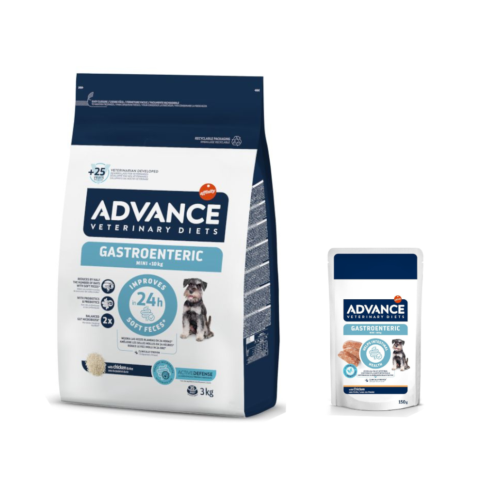 Advance Veterinary Diets Dog Mini Gastroenteric: karma sucha, 3 kg + karma mokra, 8 x 150 g gratis! - 3 kg + 8 x 150 g