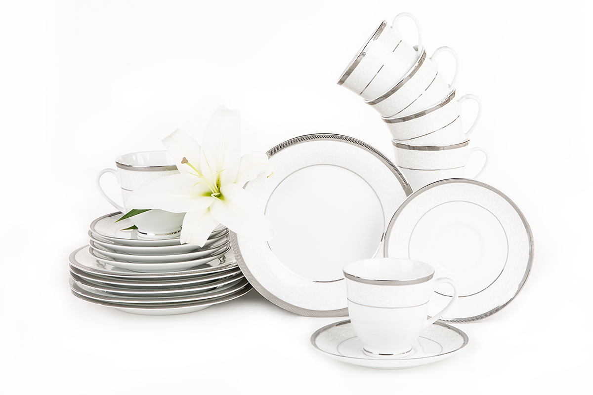 Serwis herbaciany polska porcelana 12 elementów biały / platynowy wzór dla 6 os. GEOS PLATIN
