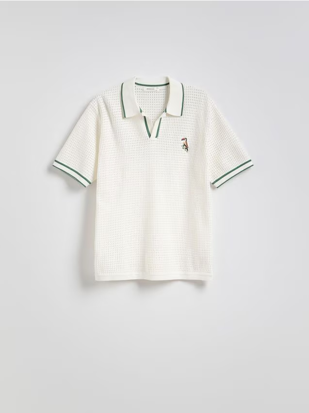 Reserved - Ażurowy sweter polo - złamana biel