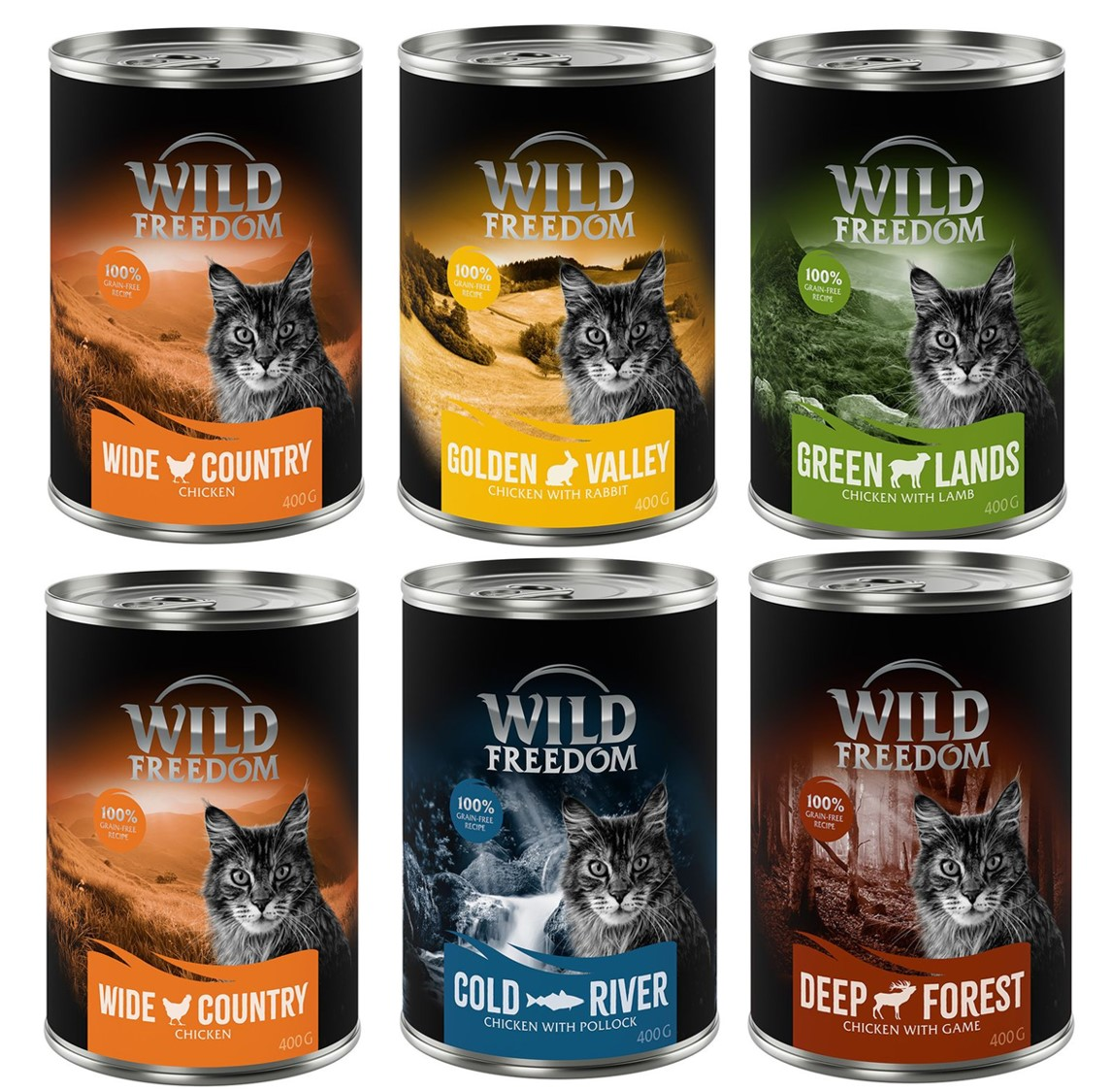 Wild Freedom Adult, 6 x 400 g - bezzbożowa receptura - Pakiet mieszany I (kurczak, łosoś, jagnięcina, królik, dziczyzna)