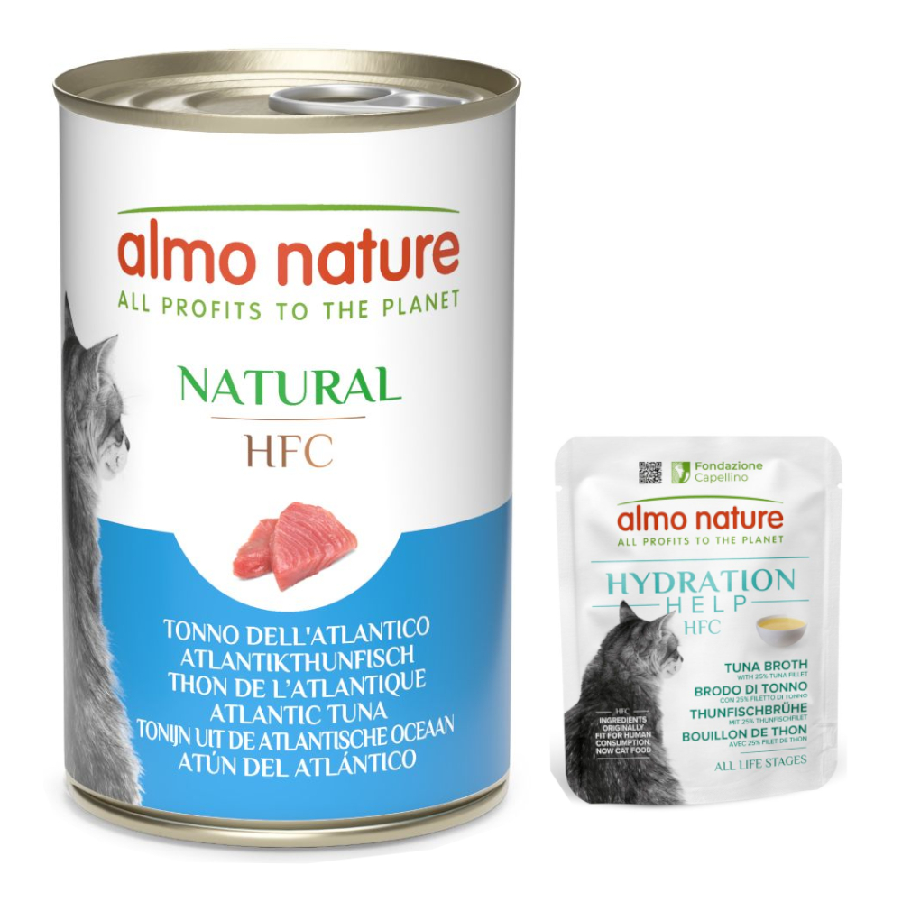 Almo Nature HFC, karma mokra dla kota: 12 x 140 g + Hydration Help, 6 x 50 g gratis! - Tuńczyk atlantycki, 12 x 140 g + Bulion z tuńczyka z filetem z tuńczyka, 6 x 50 g