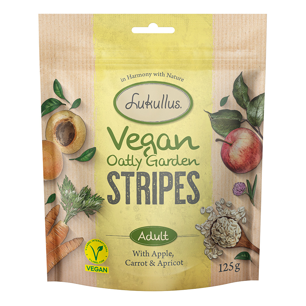 Korzystny pakiet Lukullus Vegan Oatly Garden Stripes - Z jabłkiem, marchwią i morelą, 3 x 125 g