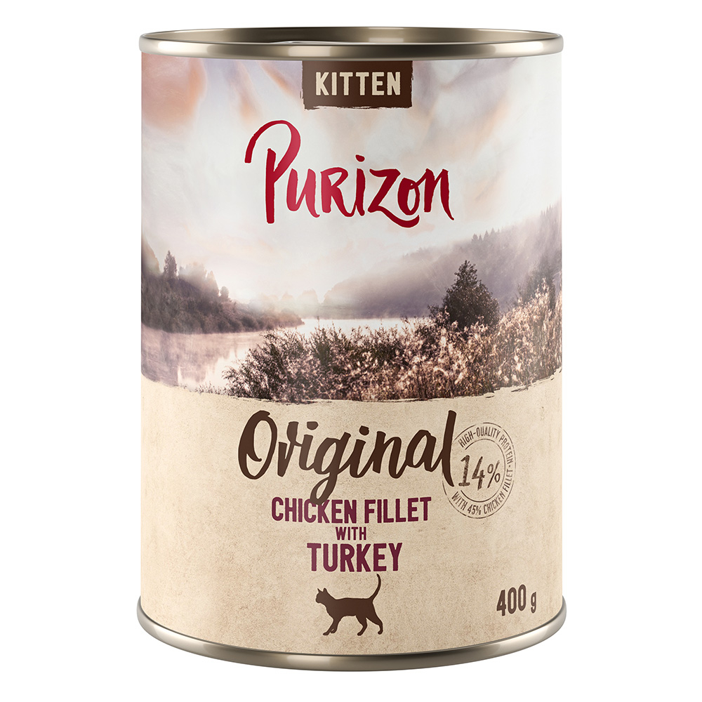 Purizon Original 24 x 400 g, bez zbóż - Kitten: Filet z kurczaka z indykiem