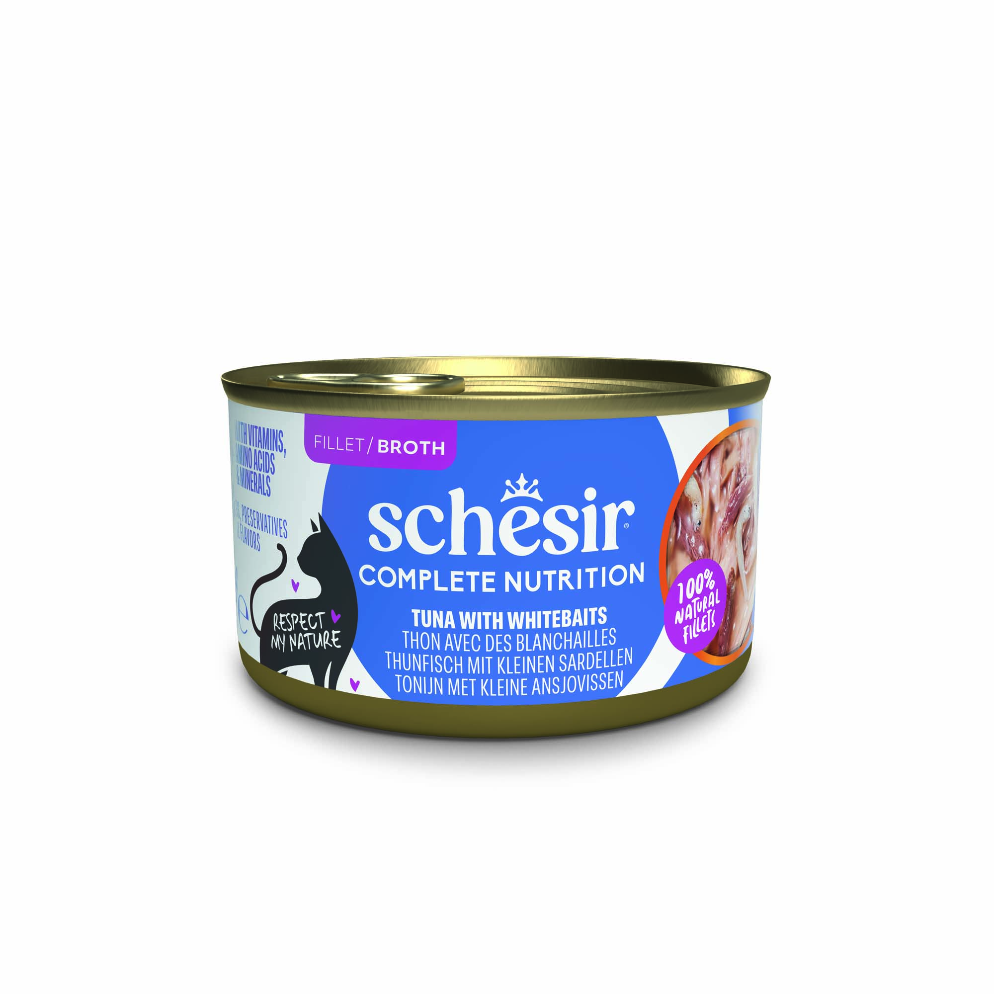 Korzystny pakiet Schesir Complete Nutrition, filet w bulionie, 24 x 85 g - Tuńczyk z białą rybą