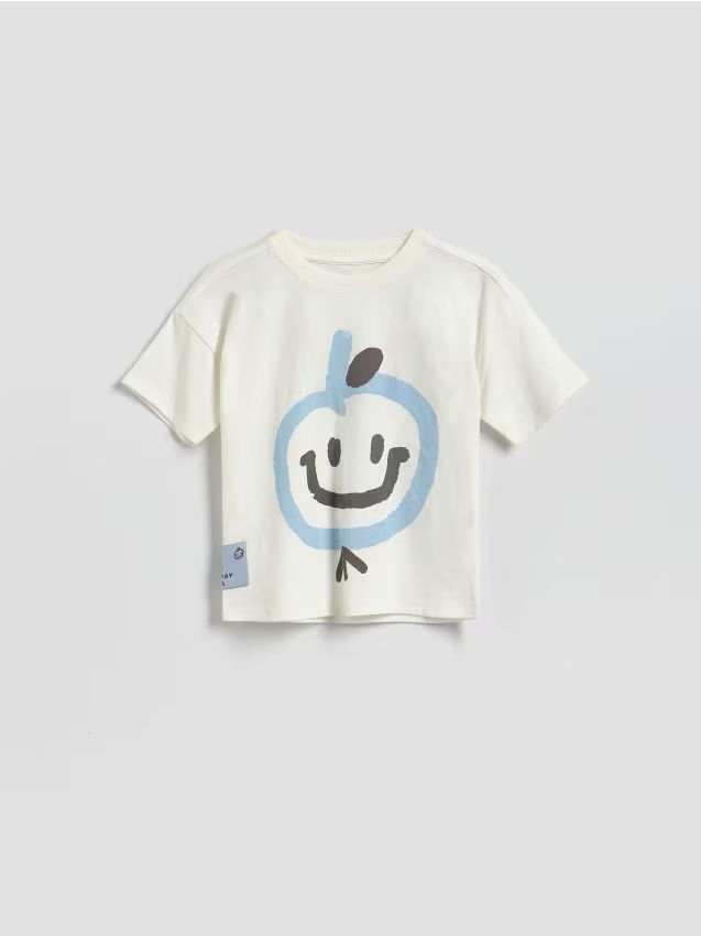 Reserved - Bawełniany t-shirt z nadrukiem - złamana biel