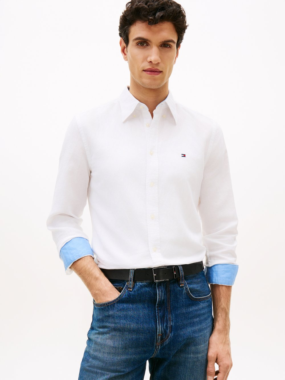 Tommy Hilfiger Męska koszula casual z lnem Mężczyźni Regular Fit len biały, S